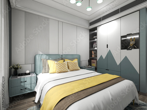 3D rendering, clean and tidy Nordic style bedroom design