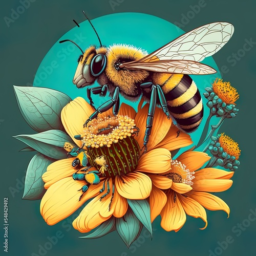 Diagram Showing Pollination With Bee And Flowers