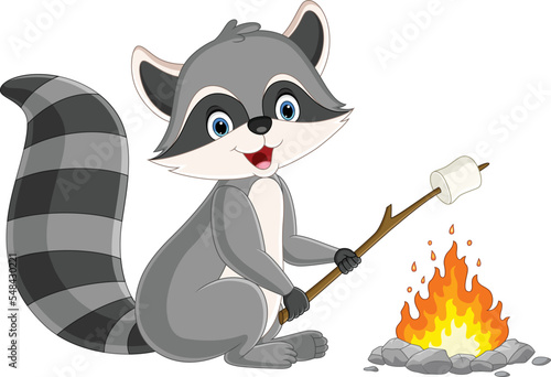 Cute raccoon cartoon roasting a marshmallow