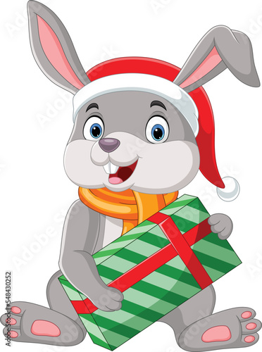Cartoon rabbit wearing scarf and hat holding gift box