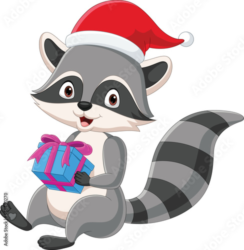 Cartoon raccoon holding a gift box