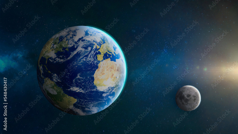 Planet earth and the moon in space, stars fill the sky, with sunlight, 3D illustration 