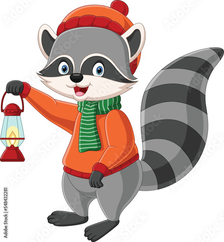 Cartoon raccoon holding a lantern