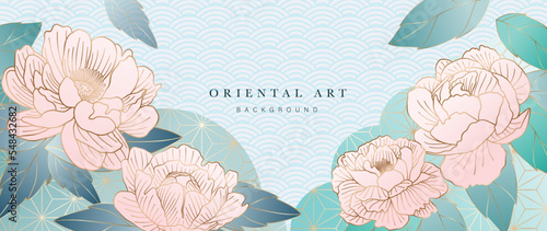 Luxury gold oriental style background vector. Chinese and Japanese oriental line art with gradient golden texture. Wallpaper design with blooming peony flowers and leaves for decoration, wall decor.