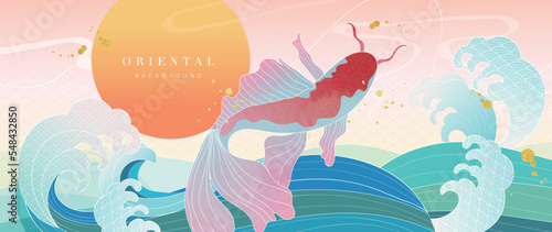Luxury gold oriental style background vector. Chinese and Japanese wallpaper pattern design with elegant koi carp fish and ocean waves oriental gold line art texture for decoration, wall decor.