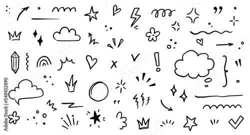 Sketch underline, emphasis, arrow shape set. Hand drawn brush stroke, highlight, speech bubble, underline, sparkle element. Vector illustration.