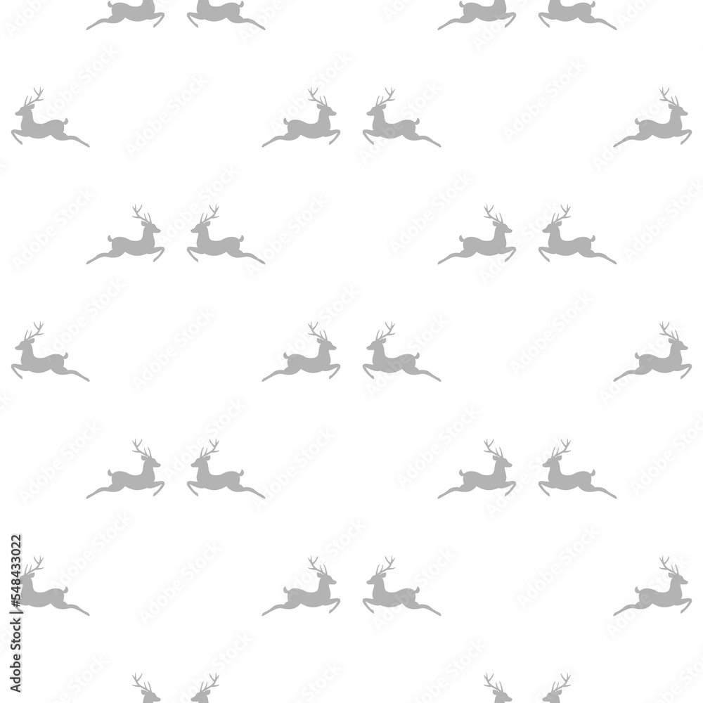 seamless hunting pattern with grey silhouette of jumping deer with antlers. vector flat north ornament on white background. Black stag. Christmas or new year winter texture.