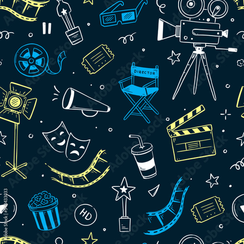 Movie, cinema vector pattern. Doodle hand drawn sketch style movie seamless pattern. Cinema elements for media production, festival, theater background. Vector illustration.