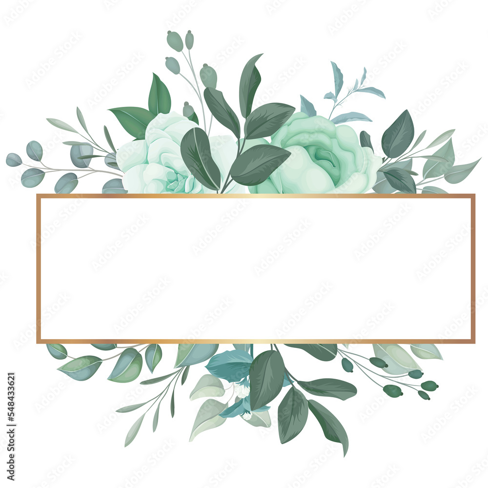 beautiful greenery floral frame with golden line