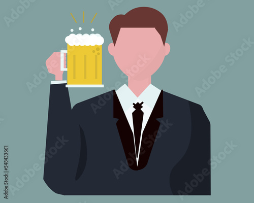ビールジョッキで乾杯をするビジネスマン。乾杯、会社の飲み会、打ち上げ。男性。ベクターイラスト