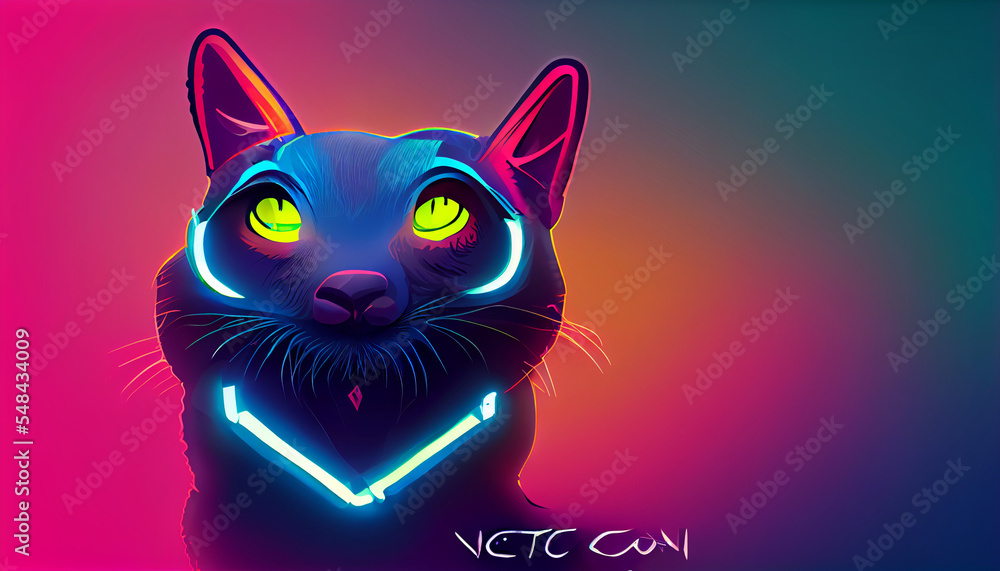 Abstraction. Black panther with yellow eyes and a neon white collar on a multi-colored background.