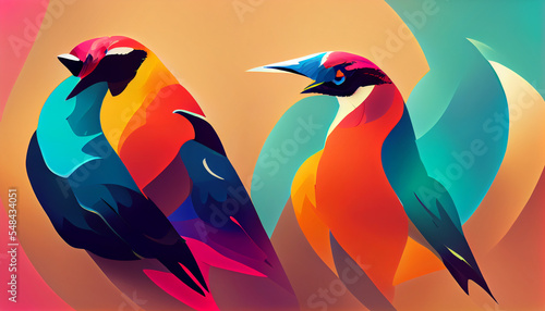 Abstraction. Multi-colored bright birds on a light green-pink background.