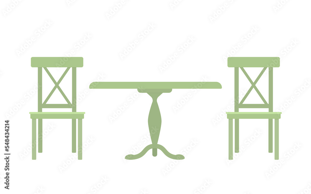 © TanyaBegun - Provence style two chairs and table isolated on white background. Rustic interior concept. Wooden furniture. Cartoon flat style. Vector illustration