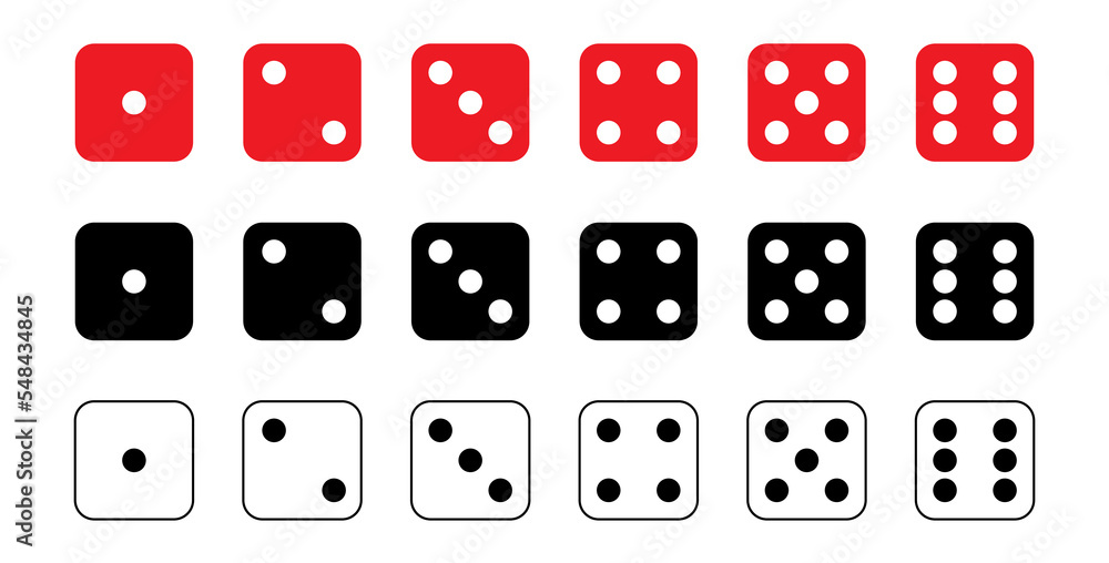 Dice graphic icons set. Red, white, black game dice cubes from one to six dots. Gambling objects to play in casino, poker. Six faces of cube. Traditional die with numbers of dots from 1 to 6. Vector - obrazy, fototapety, plakaty 