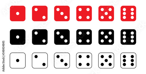 Dice graphic icons set. Red, white, black game dice cubes from one to six dots. Gambling objects to play in casino, poker. Six faces of cube. Traditional die with numbers of dots from 1 to 6. Vector photo