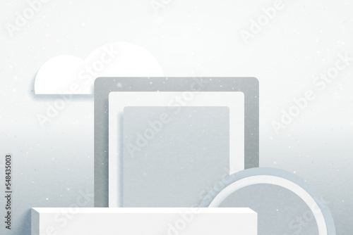 Abstract 3d white cube pedestal podium on geometric background. Minimal winter scene for product display presentation. Vector illustration.