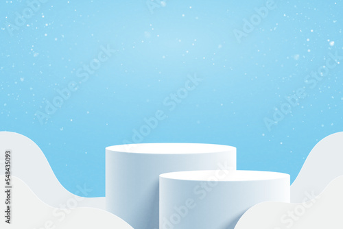 Abstract 3d white cylinder pedestal podium and blue background. Minimal winter scene for product display presentation. Vector illustration.