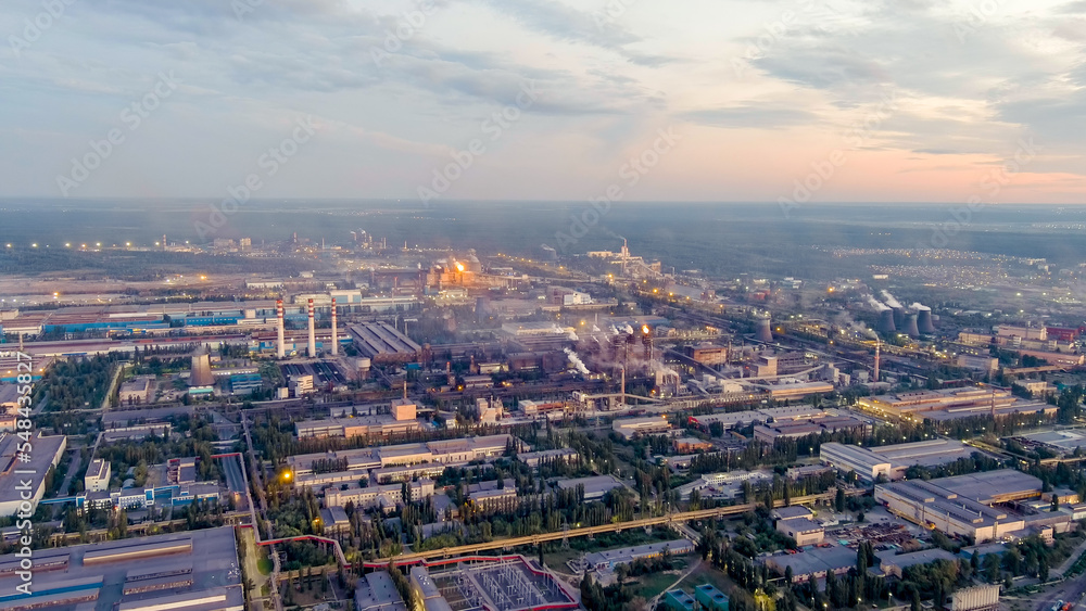 Lipetsk, Russia. Iron and Steel Works. Left Bank District. Time after sunset, Aerial View