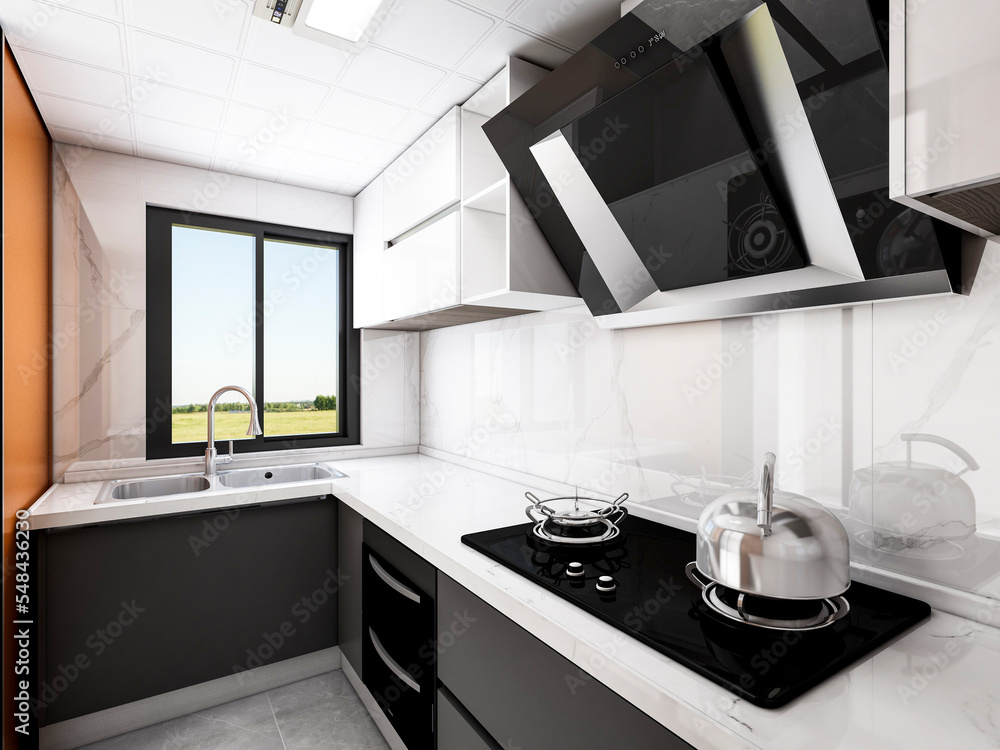 Fototapeta premium 3D rendering, bright kitchen design)