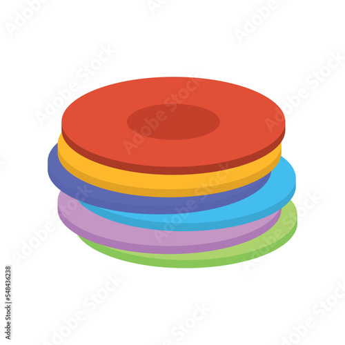 Set of six clean plates of various colors, designs on white background