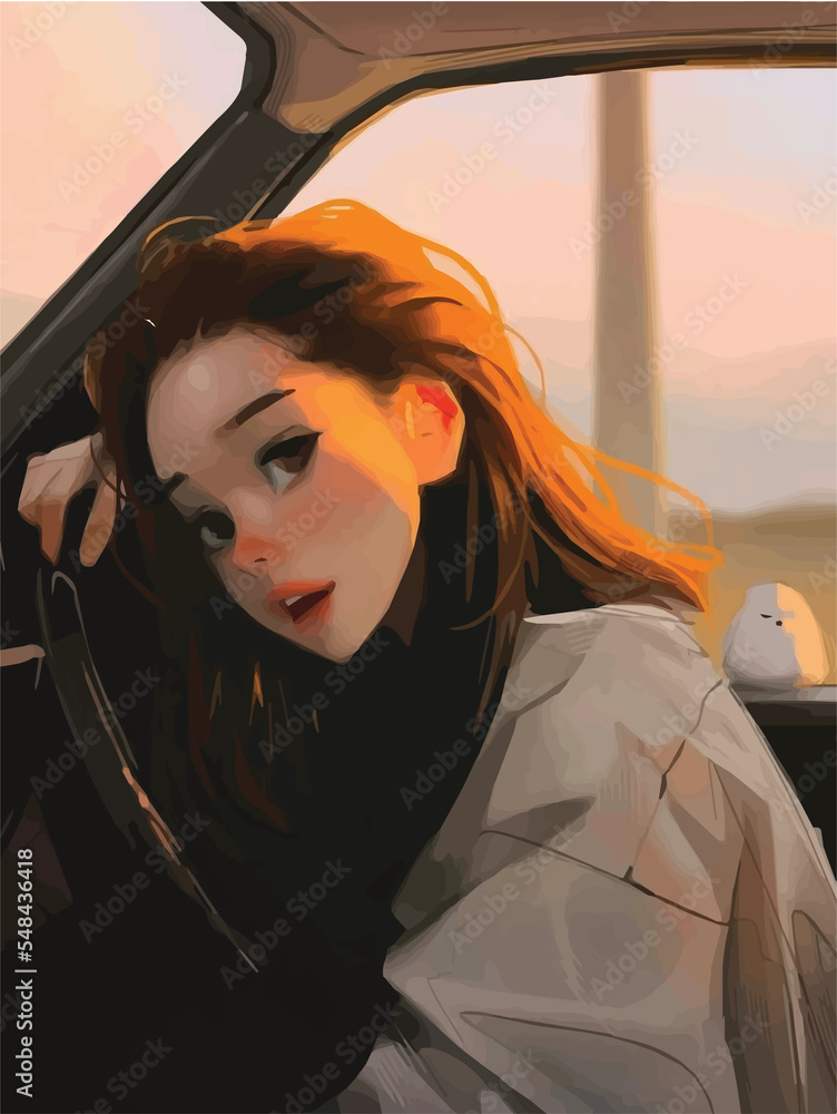 anime girl in the car digital art, illustration Stock Illustration ...