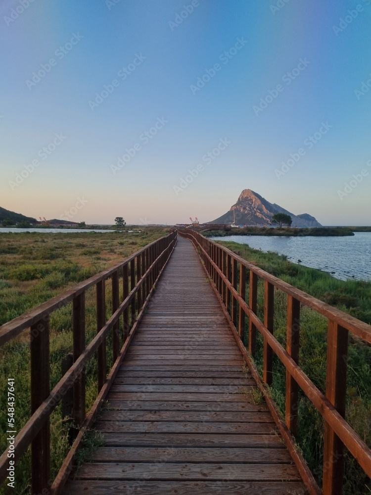 wooden bridge right to the ocean with a mountain in the background