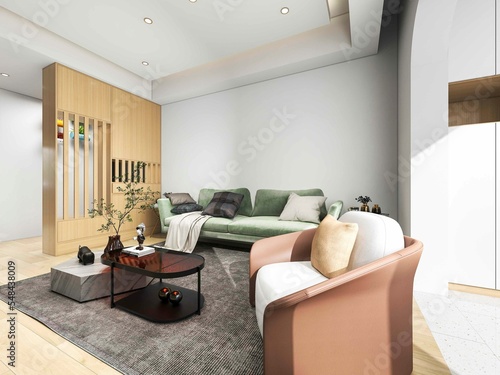 3D rendering, wooden Nordic style living room design