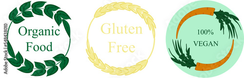 Eco friendly label, icon with green branch and inscription organic food, sticker for package, gluten free tag, 100% vegan mark