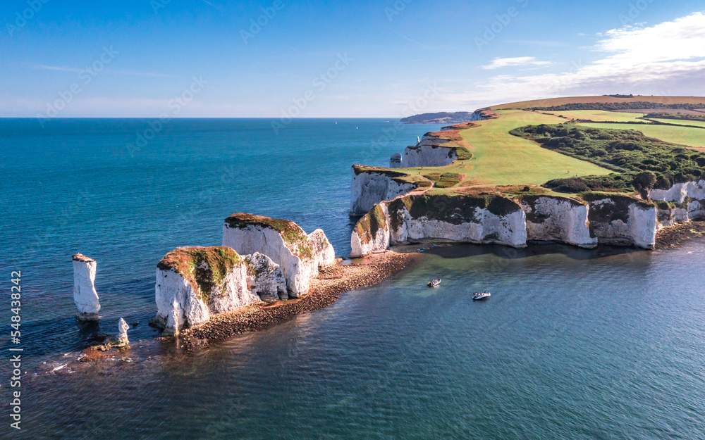 Aerial view with Old Harry Rocks, the beautiful coastline and cliffs on South England, UK