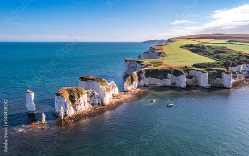 Obraz na płótnie Aerial view with Old Harry Rocks, the beautiful coastline and cliffs on South England, UK w salonie