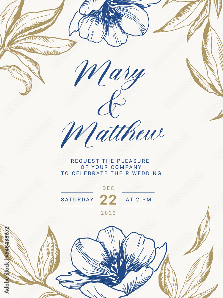 Wedding invitation in vintage engraving botanical style. Vector floral illustration.