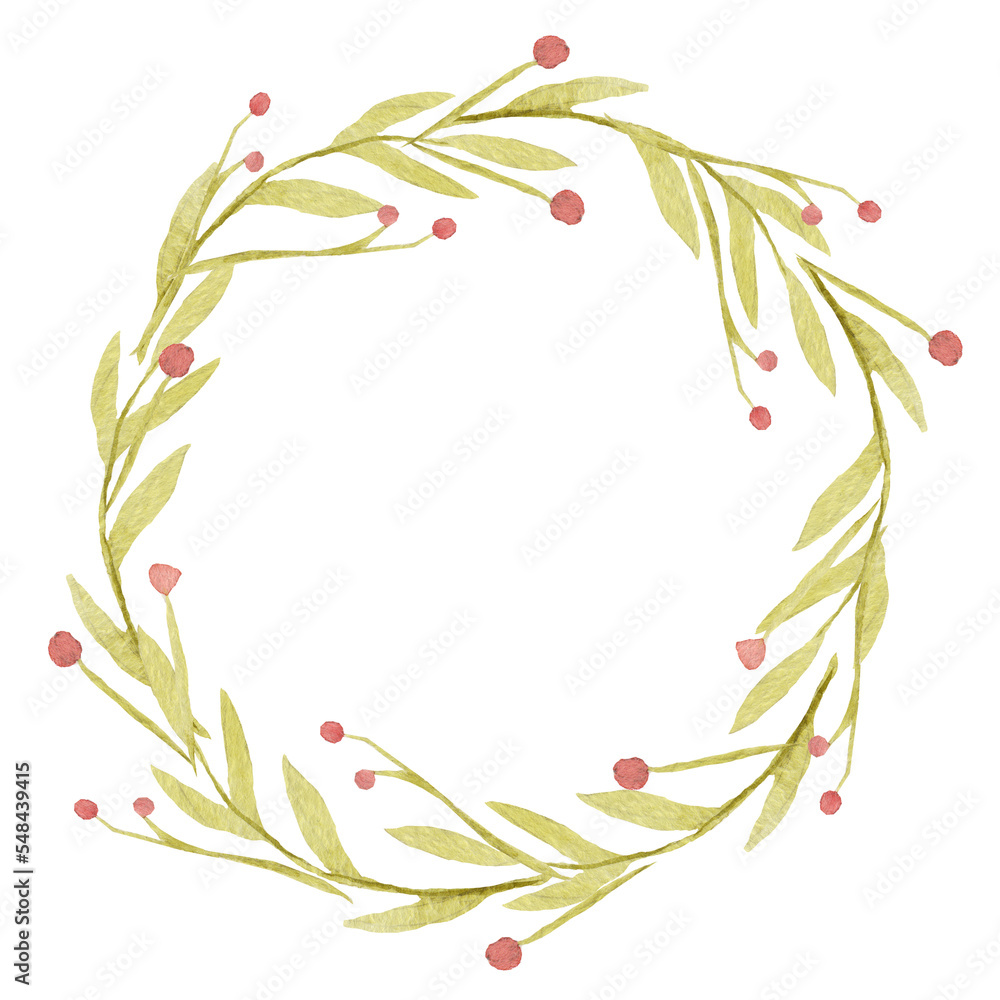 A wreath of green leaves with red berries is painted in watercolor, on a white background, for your design. Spring, gentle.
