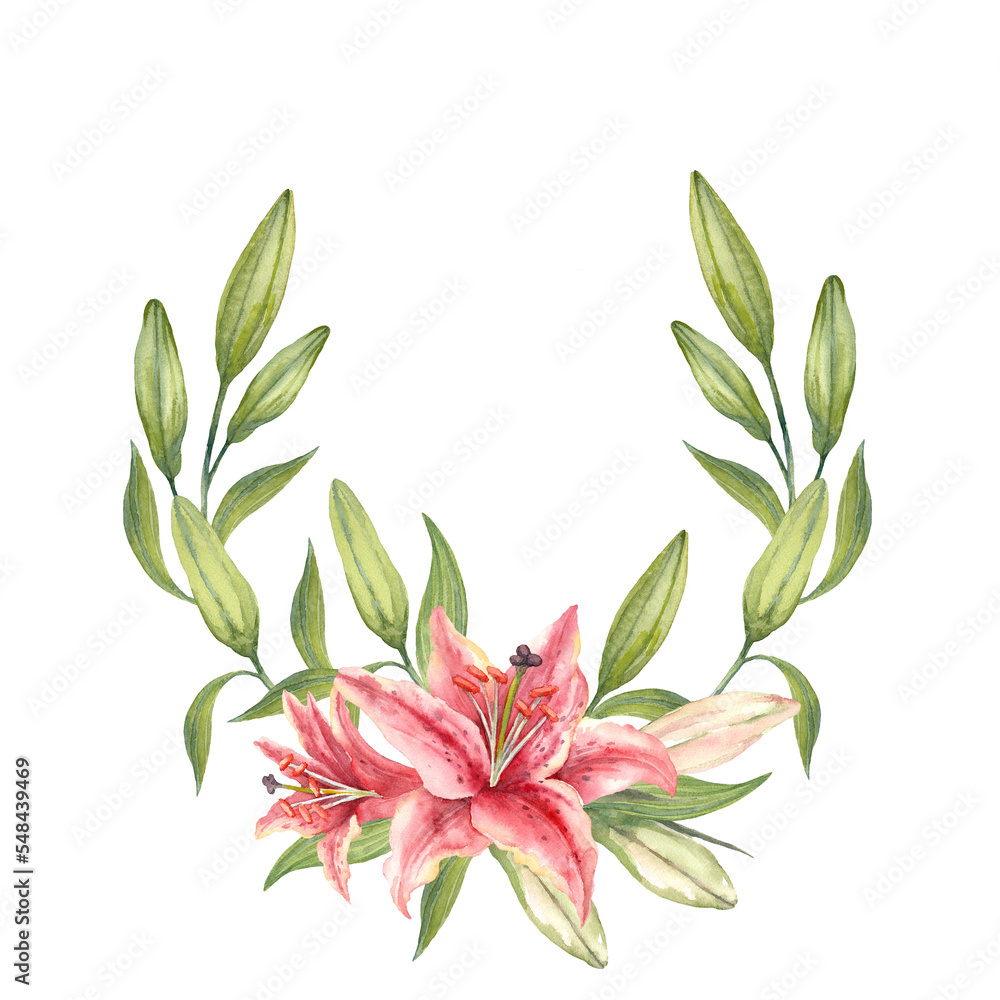 Pink Stargazer Lilies. Lily flower. Hand-drawn watercolor wreath. Artistic illustration.