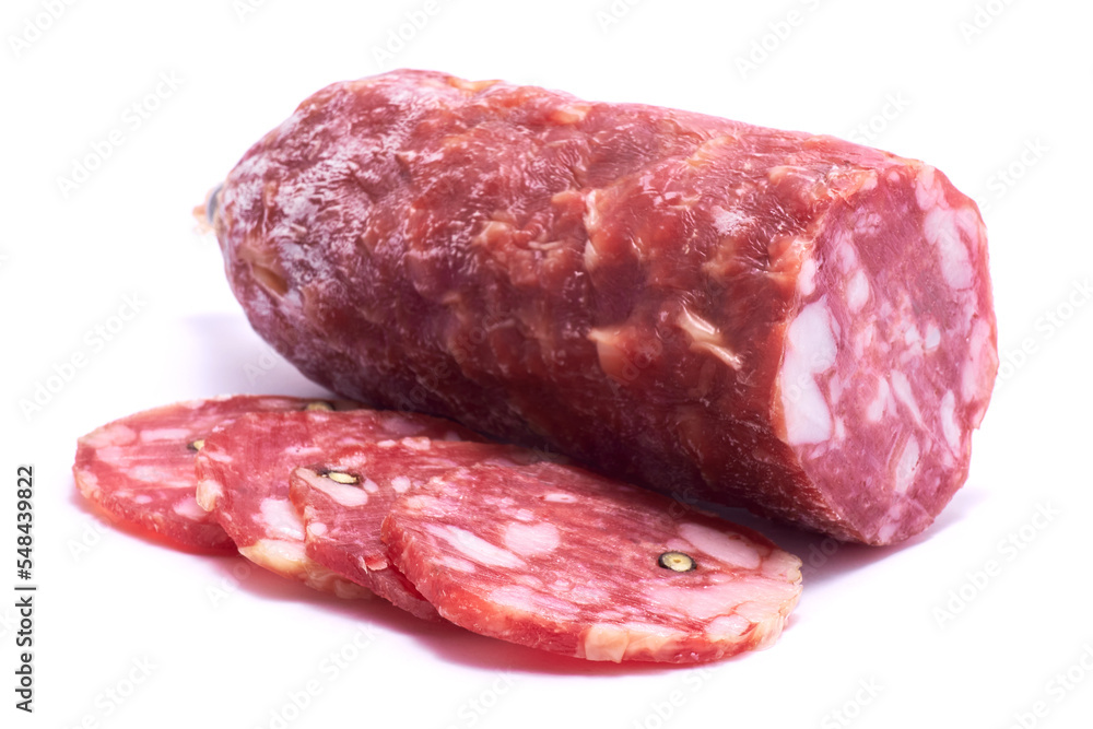 Sliced Smoked dry Salami sausage isolated on white background Sliced Smoked dry Salami sausage isolated on white background