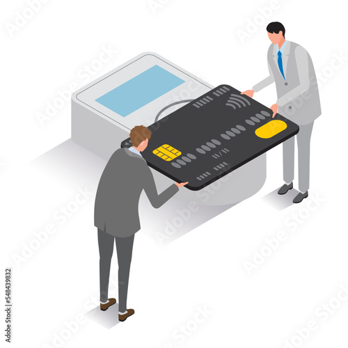 アイソメトリック_クレジットカードでタッチ決済をする男性たち