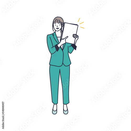 ここを見てくださいよ！と書類を見せてくる女のイラスト素材｜mayucolor08