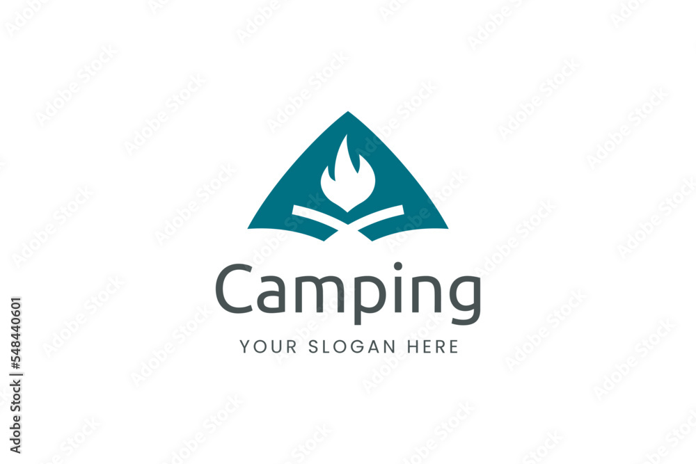 Simple camping logo with tent shape and bonfire Simple camping logo with tent shape and bonfire