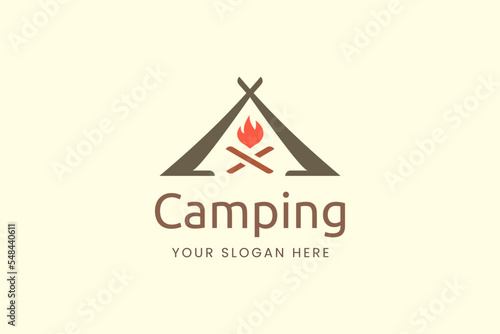 Simple camping logo with tent shape and fire