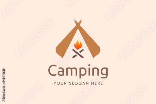 Simple camping logo with tent shape and bonfire