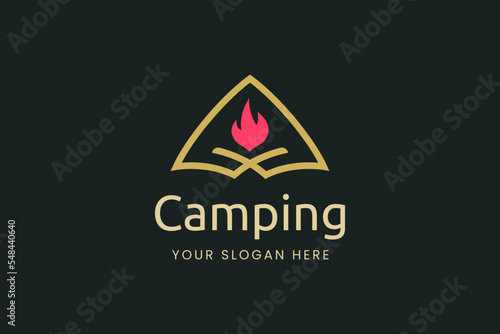 Simple camping logo with tent shape and bonfire