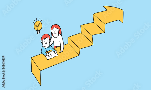 家庭教師・母親と一緒に継続して勉強を頑張る受験生のイラスト