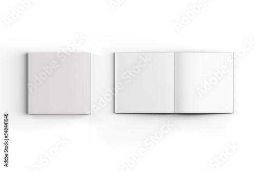 Blank empty white square soft cover book or magazine mockup isolated on white background. front, side and back view. open and closed magazine. Catalog, portfolio, menu mockup template. 3d rendering.