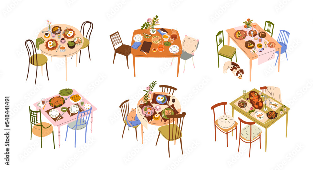 Dining tables served with food and drinks, empty chairs. Meals for breakfast, lunch, festive holiday dinner set. Home-made eating on plates. Flat vector illustration isolated on white background Dining tables served with food and drinks, empty chairs. Meals for breakfast, lunch, festive holiday dinner set. Home-made eating on plates. Flat vector illustration isolated on white background