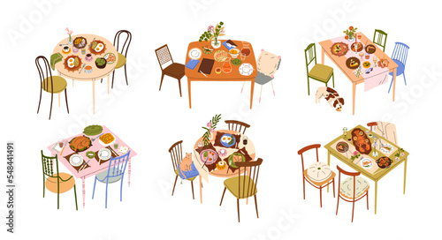 Dining tables served with food and drinks, empty chairs. Meals for breakfast, lunch, festive holiday dinner set. Home-made eating on plates. Flat vector illustration isolated on white background
