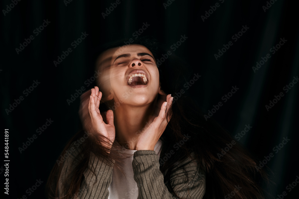 Mental health, problem and woman in studio psychology, trauma and schizophrenia on black background mockup. Stress, anxiety and girl phobia, bipolar or mind disorder suffering identity conflict