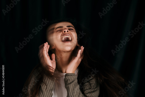 Mental health, problem and woman in studio psychology, trauma and schizophrenia on black background mockup. Stress, anxiety and girl phobia, bipolar or mind disorder suffering identity conflict