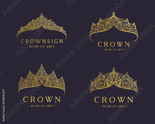 Set of abstract luxury, royal golden company logo icon vector design. Elegant crown, tiara, diadem premium symbols. Hand drawn lace jewelry, arabic, restaurant, hotel logotypes