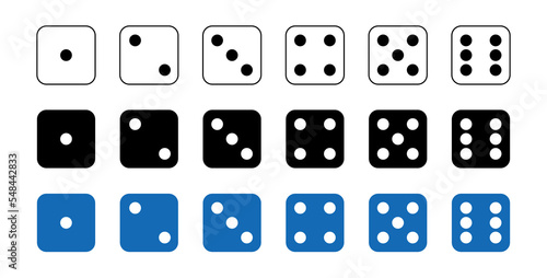 Dice graphic icons set. White, black, blue game dice cubes from one to six dots. Gambling objects to play in casino, poker. Six faces of cube. Traditional die with numbers of dots from 1 to 6. Vector
