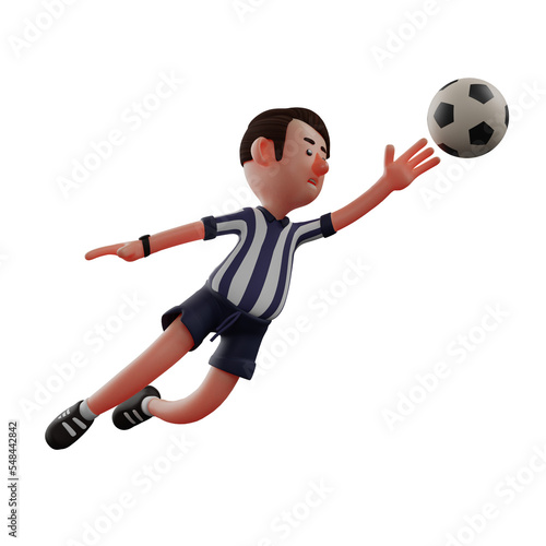 3D illustration. 3D Referee Cartoon Character trying to catch the ball. with a floating pose. showing a tense facial expression. 3D Cartoon Character