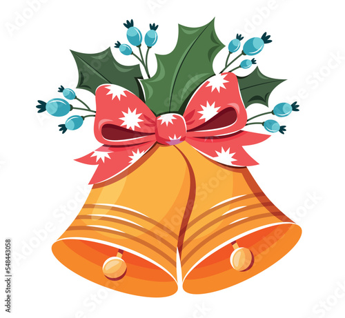 Christmas bells with holly leaves and berries. Vector isolated image on a white background.
